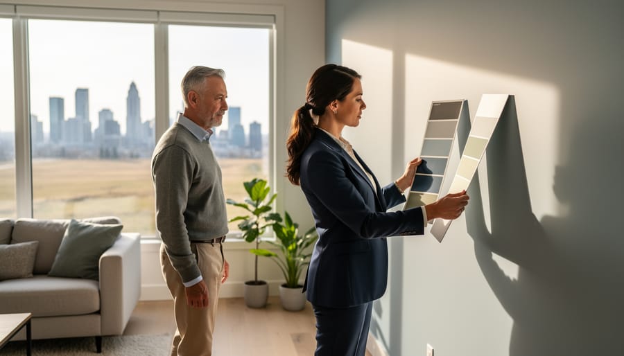 Color consultant holding large paint sample boards against a living room wall while a Calgary homeowner looks on, with warm late-afternoon light streaming through big windows and neutral furnishings softly blurred in the background.
