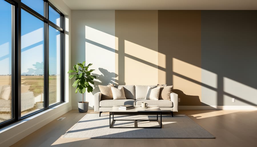 Bright Calgary living room with large windows showing how natural prairie light affects interior wall colors