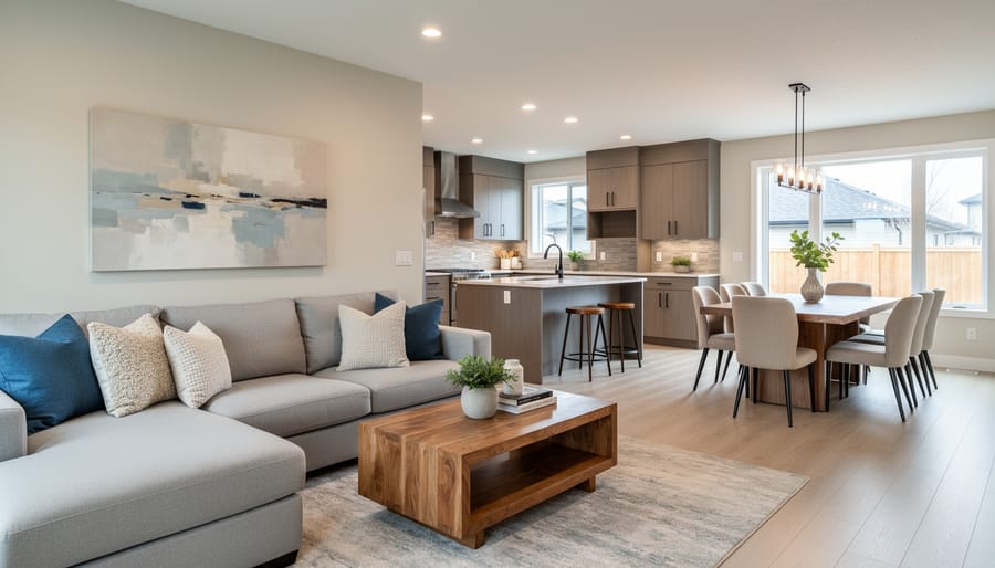 Open-concept Calgary home interior showing coordinated paint colors flowing between kitchen and living spaces