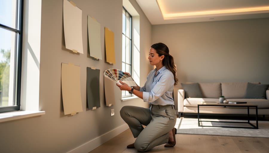 Designer hands holding paint color samples against wall during professional color consultation