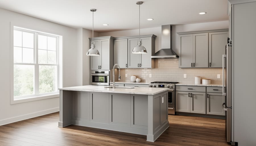 Clean modern kitchen with white cabinets and stainless steel appliances