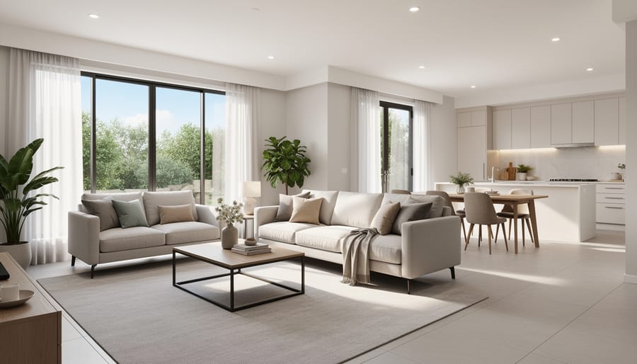 Modern living room with neutral beige and gray decor and natural lighting