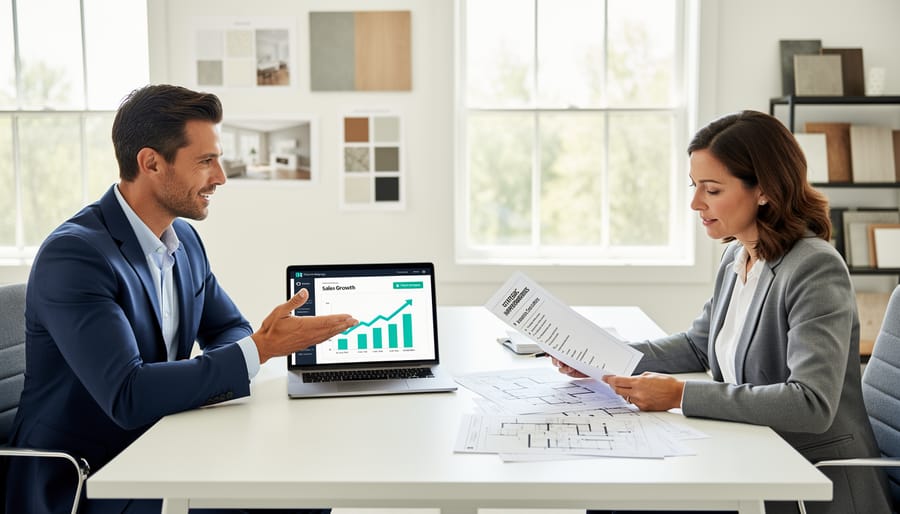 Interior designer reviewing floor plans and design materials at desk