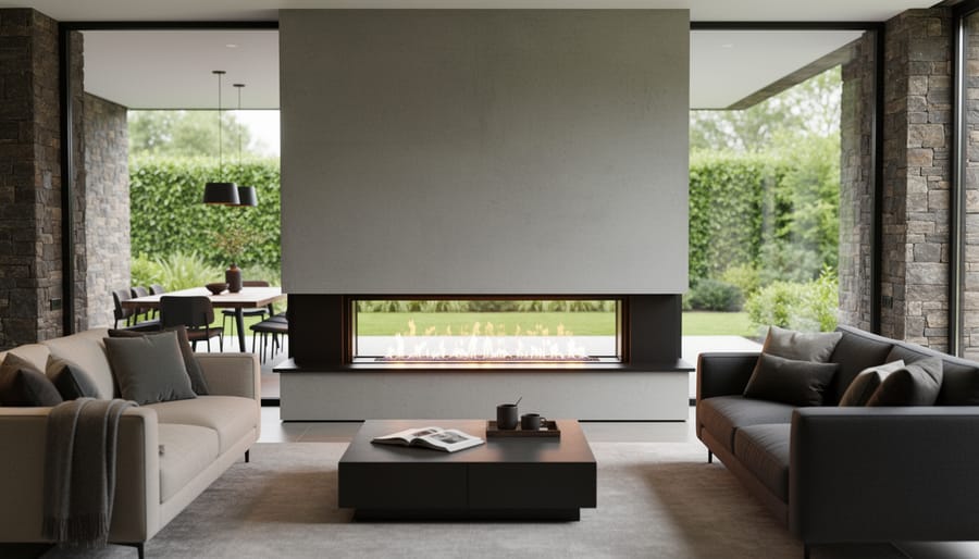 Modern living room with a linear see-through gas fireplace in blackened steel within a concrete wall, minimal furnishings, stone accents, and soft daylight, with a blurred dining area and patio greenery beyond