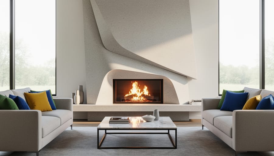 Bold sculptural black metal fireplace with geometric design serving as living room centerpiece
