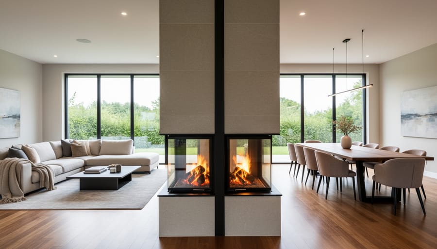 See-through double-sided fireplace serving as room divider in modern open-concept living space