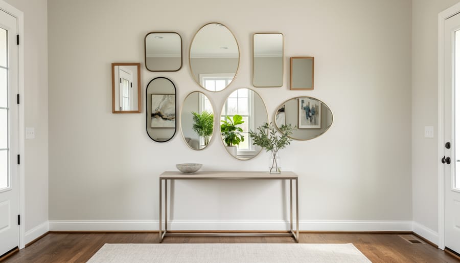 Three different shaped mirrors arranged in asymmetrical grouping on entryway wall