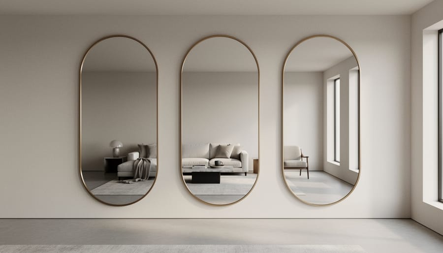 Three matching round brass-framed mirrors arranged symmetrically on white wall