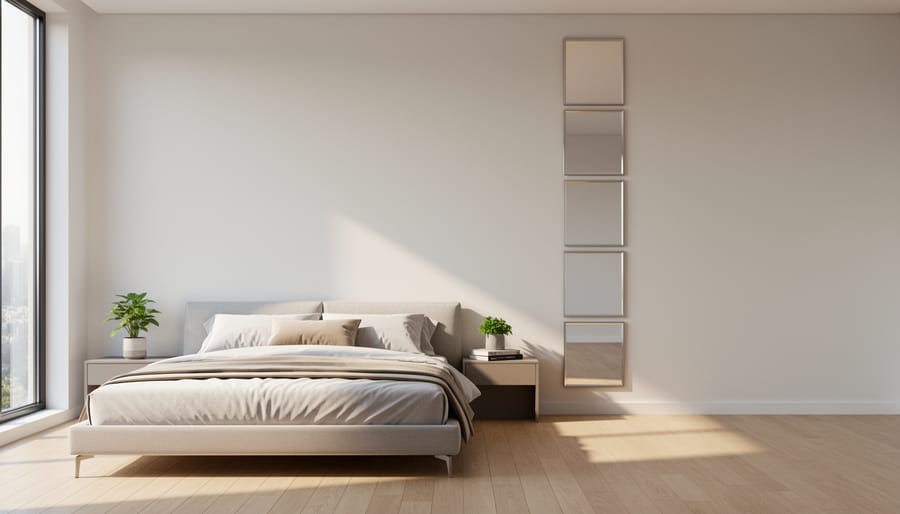 Three matching mirrors stacked vertically above bedroom headboard